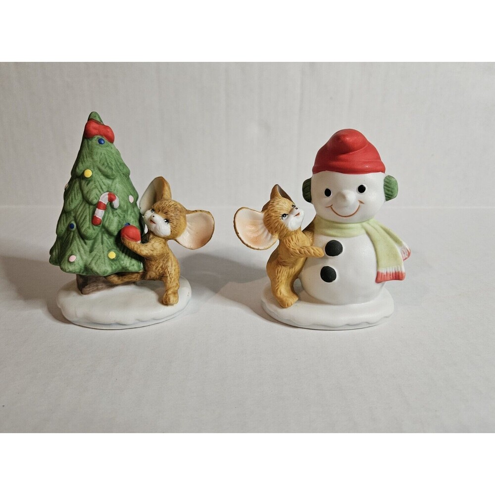 Pair Christmas HOME INTERIORS HOMCO Mouse w/ Tree & Snowman Figures #8905
